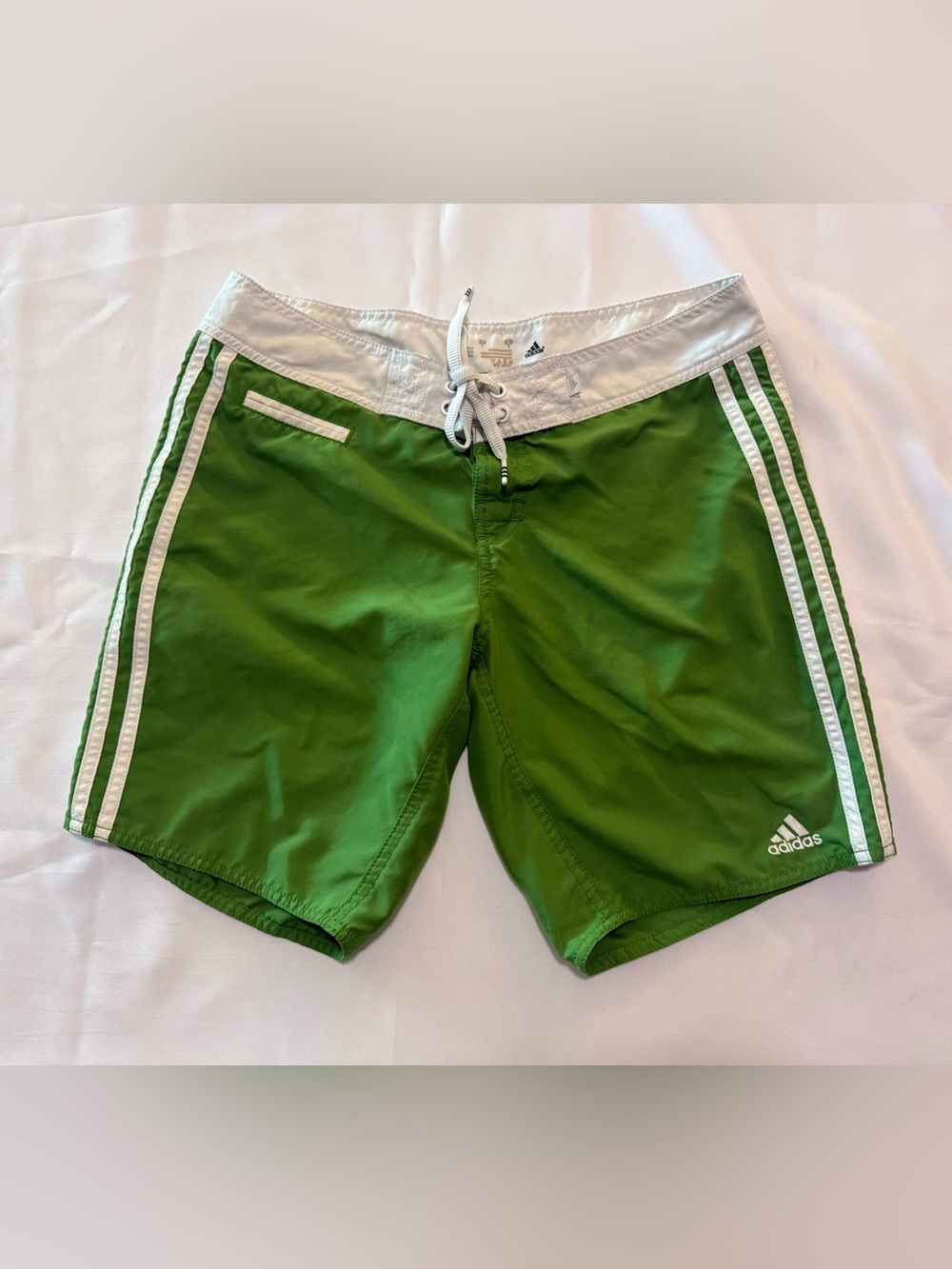 adidas Green Swim Board Shorts with White Waistband and Stripes